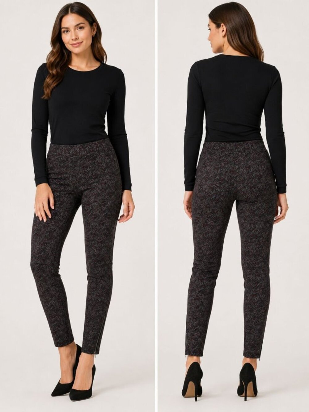 Hue Womens Medium Jacquard Patterned Leggings W/Ankle Zippers Plum & Gray